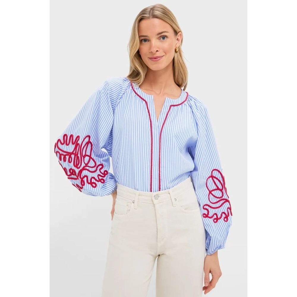 Hyacinth House Stella Striped Balloon Sleeve Embroidered Blouse XS Tuckernuck